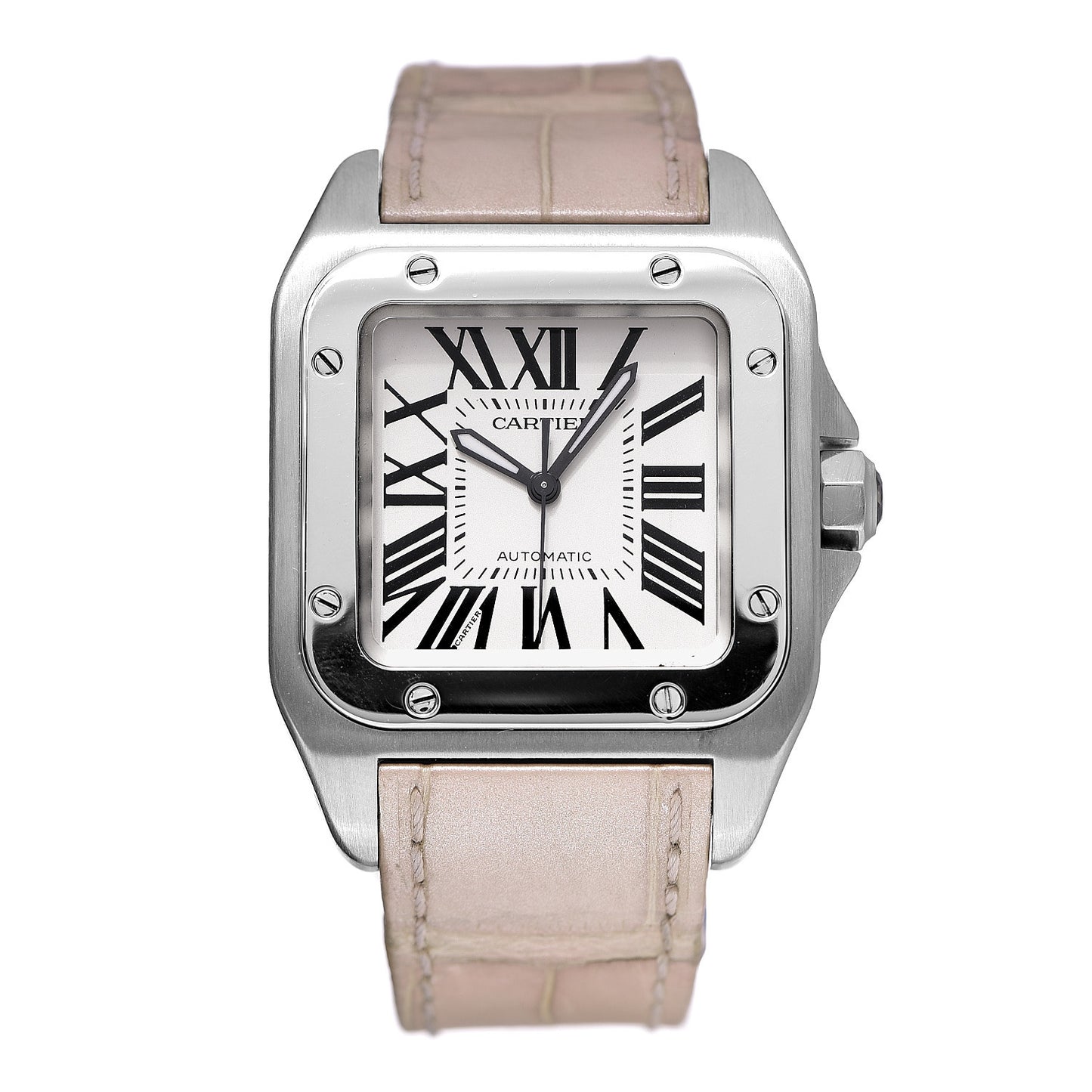 Stainless Steel Alligator 33mm Santos 100 Automatic Watch Pink