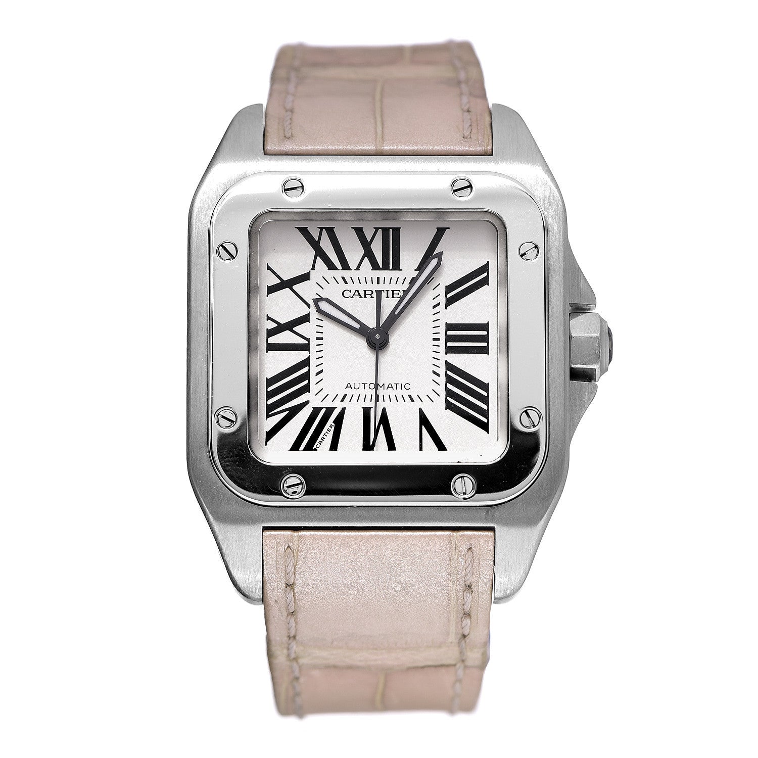 Cartier Stainless Steel Alligator 33mm Santos 100 Automatic Watch Pink 1 of 6