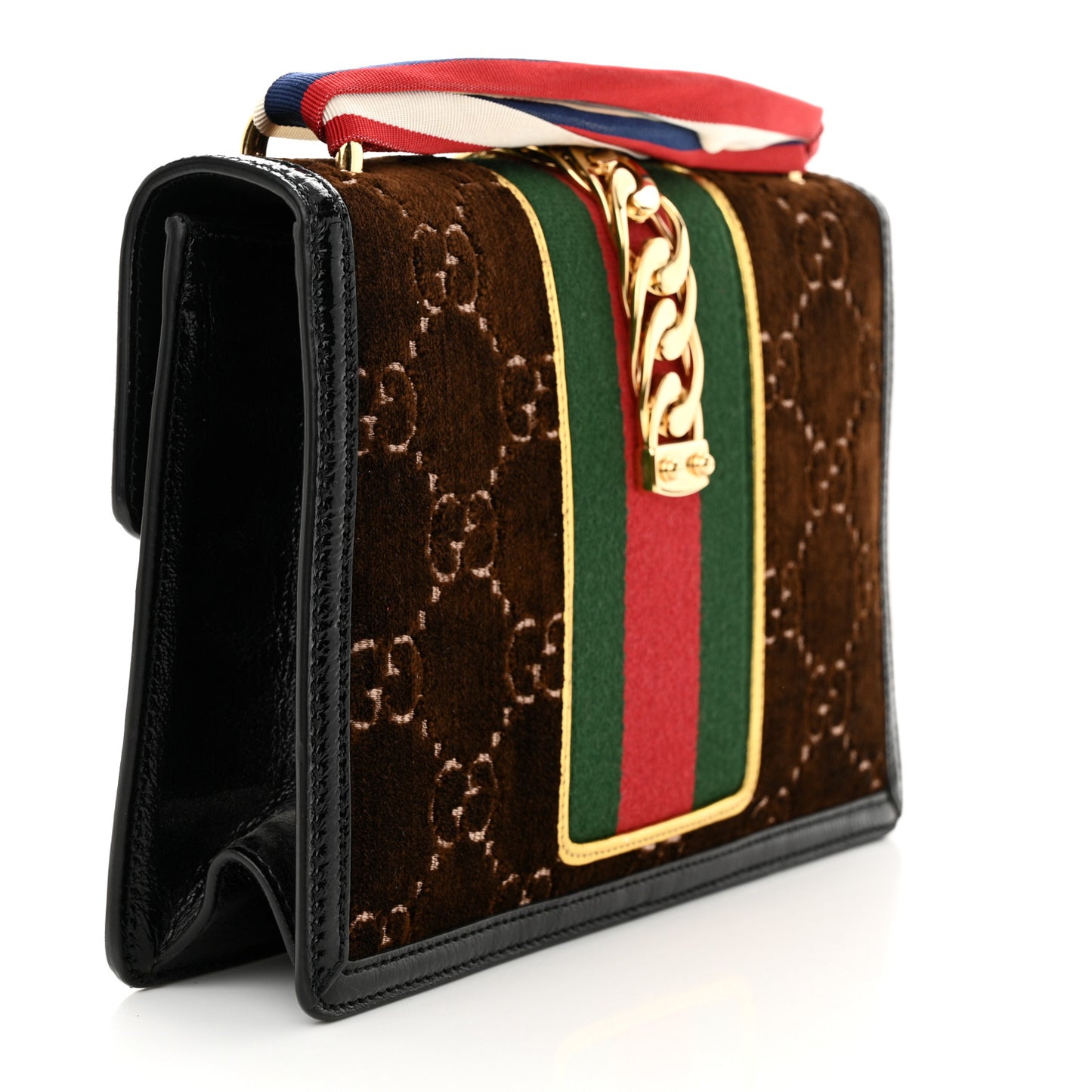 Velvet GG Monogram Web Small Sylvie Shoulder Bag Brown Black Oro Vecchio