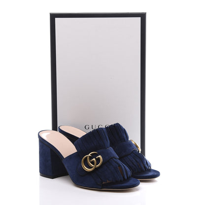 Gucci Kid Scamosciato GG Marmont Fringe 75mm Slide Sandals 38 Blue Ink 10 of 10