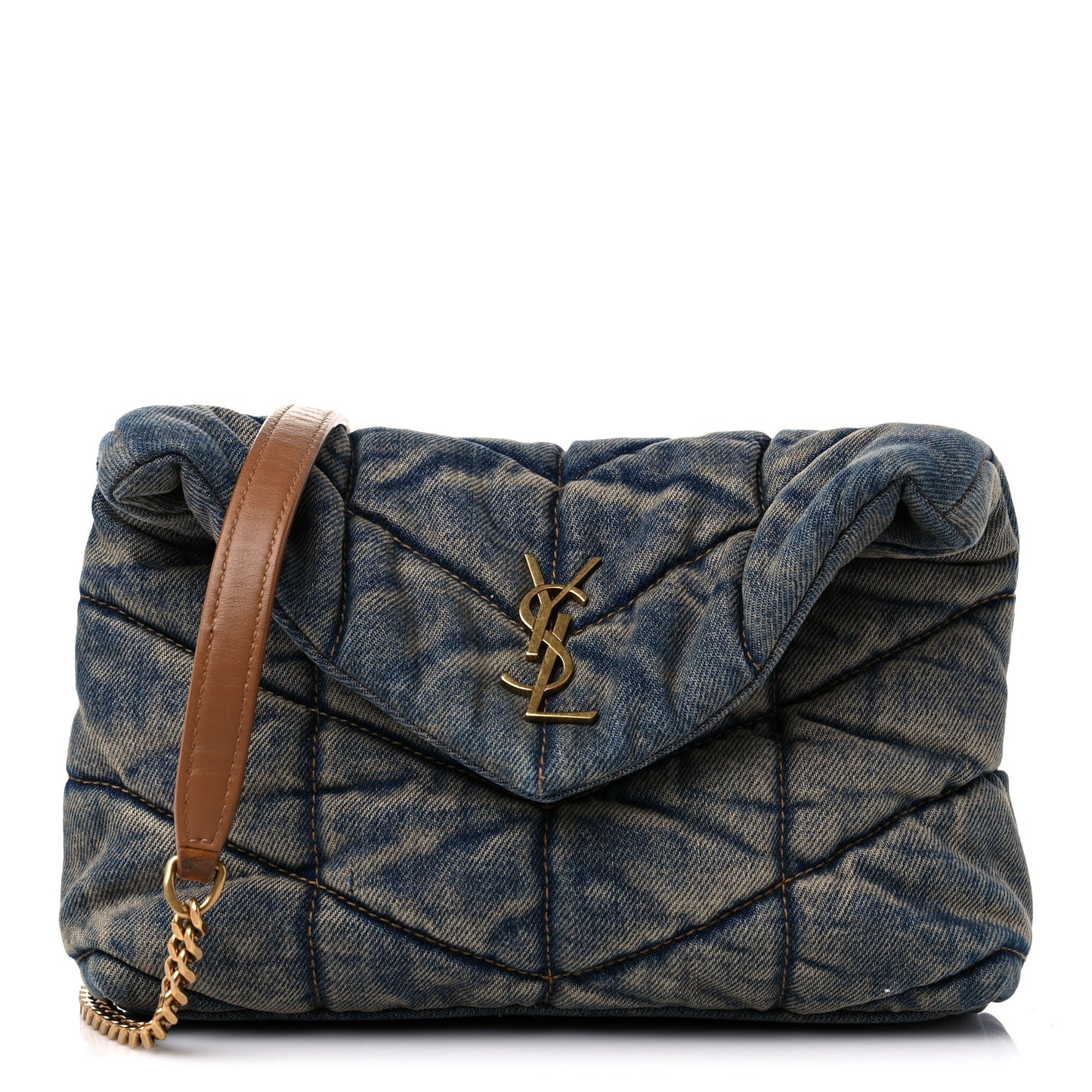 Denim Quilted Toy Loulou Puffer Monogram Chain Satchel Blue Cinnamon