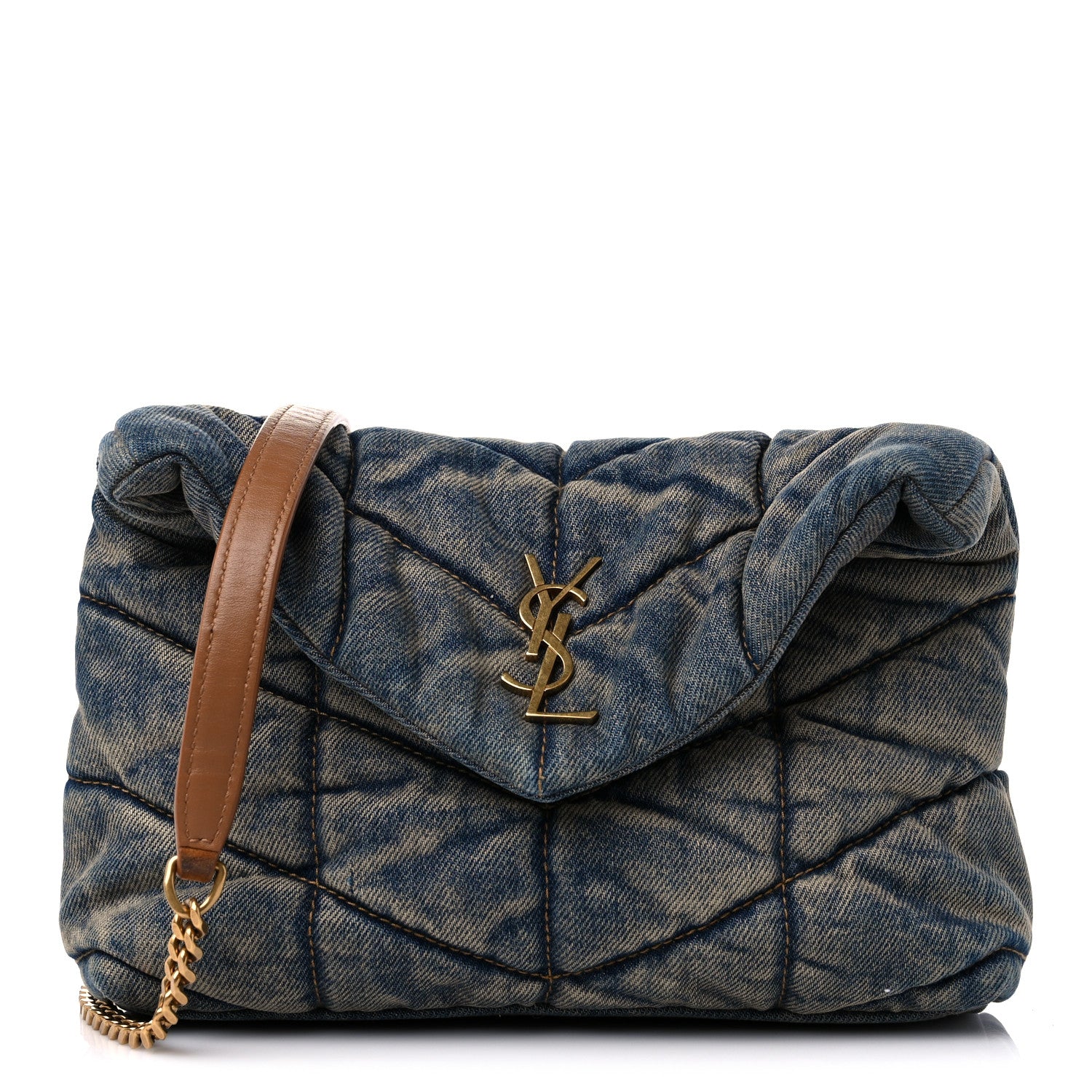 Saint Laurent Denim Quilted Toy Loulou Puffer Monogram Chain Satchel Blue Cinnamon 1 of 12