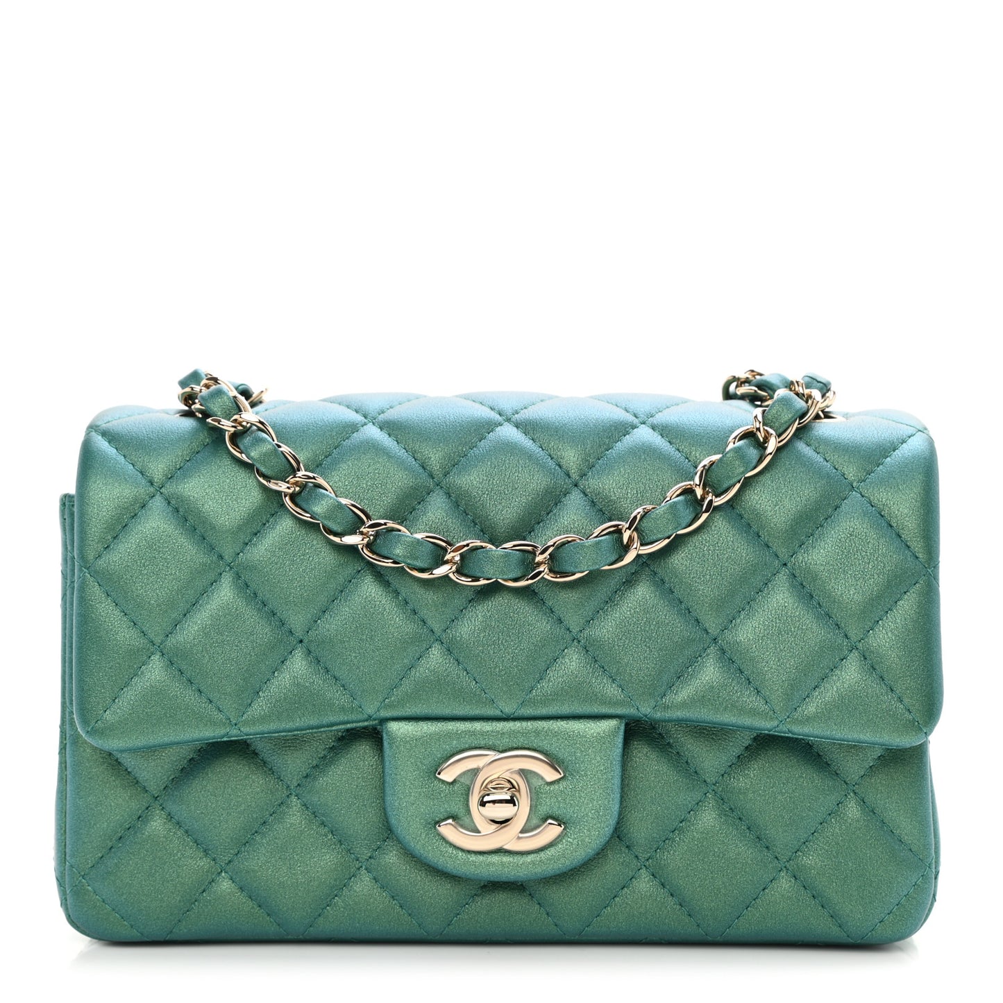 Iridescent Calfskin Quilted Mini Rectangular Flap Green