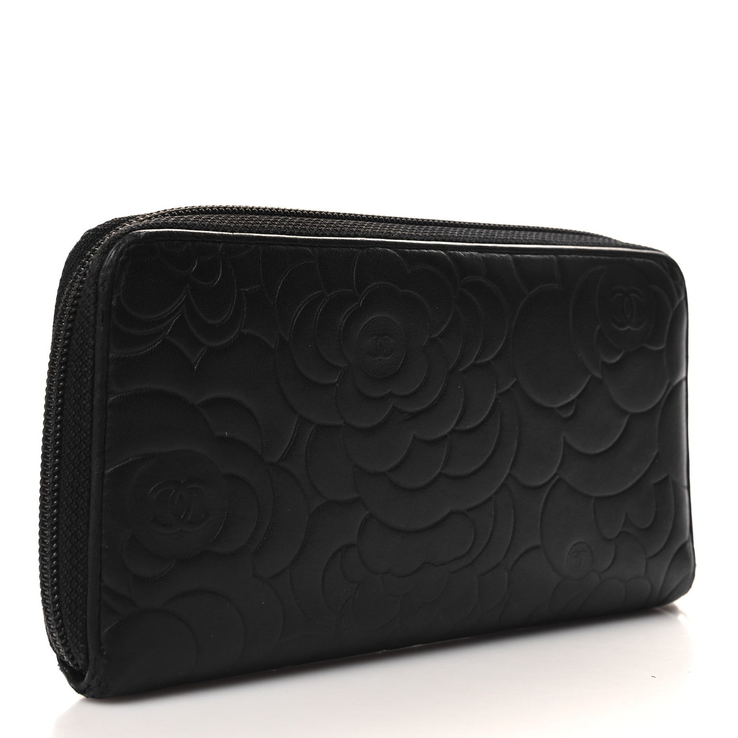 Lambskin Camellia Embossed Large Zip Around Gusset Wallet Black