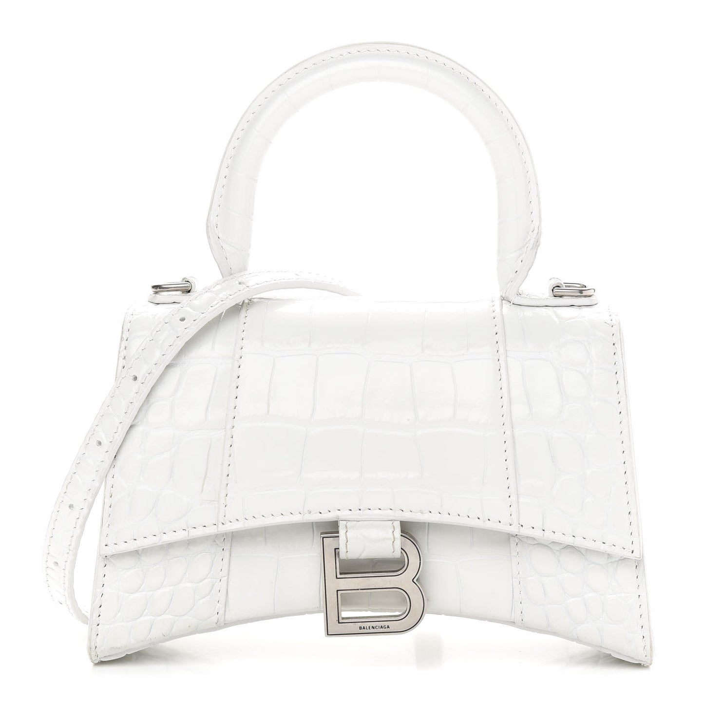 Shiny Calfskin Crocodile Embossed Hourglass Top Handle Bag XS White