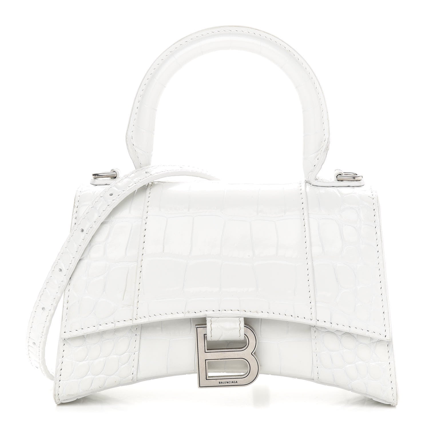 Balenciaga Shiny Calfskin Crocodile Embossed Hourglass Top Handle Bag XS White 1 of 10