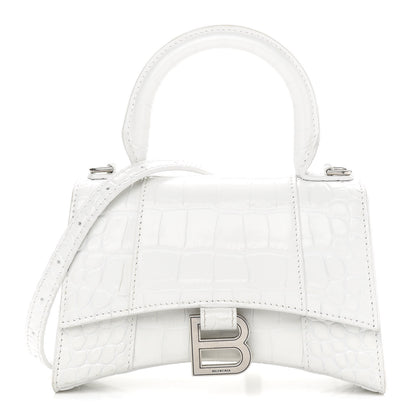 Balenciaga Shiny Calfskin Crocodile Embossed Hourglass Top Handle Bag XS White 1 of 10