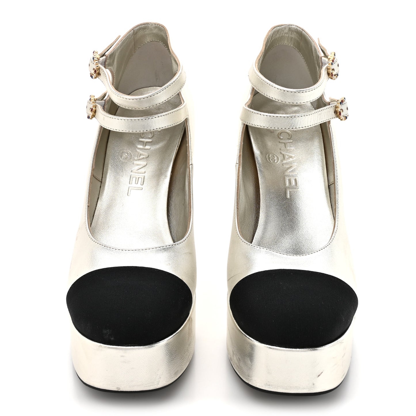 Laminated Lambskin Grosgrain Cap Toe CC Mary Jane Pumps 36 Silver Black