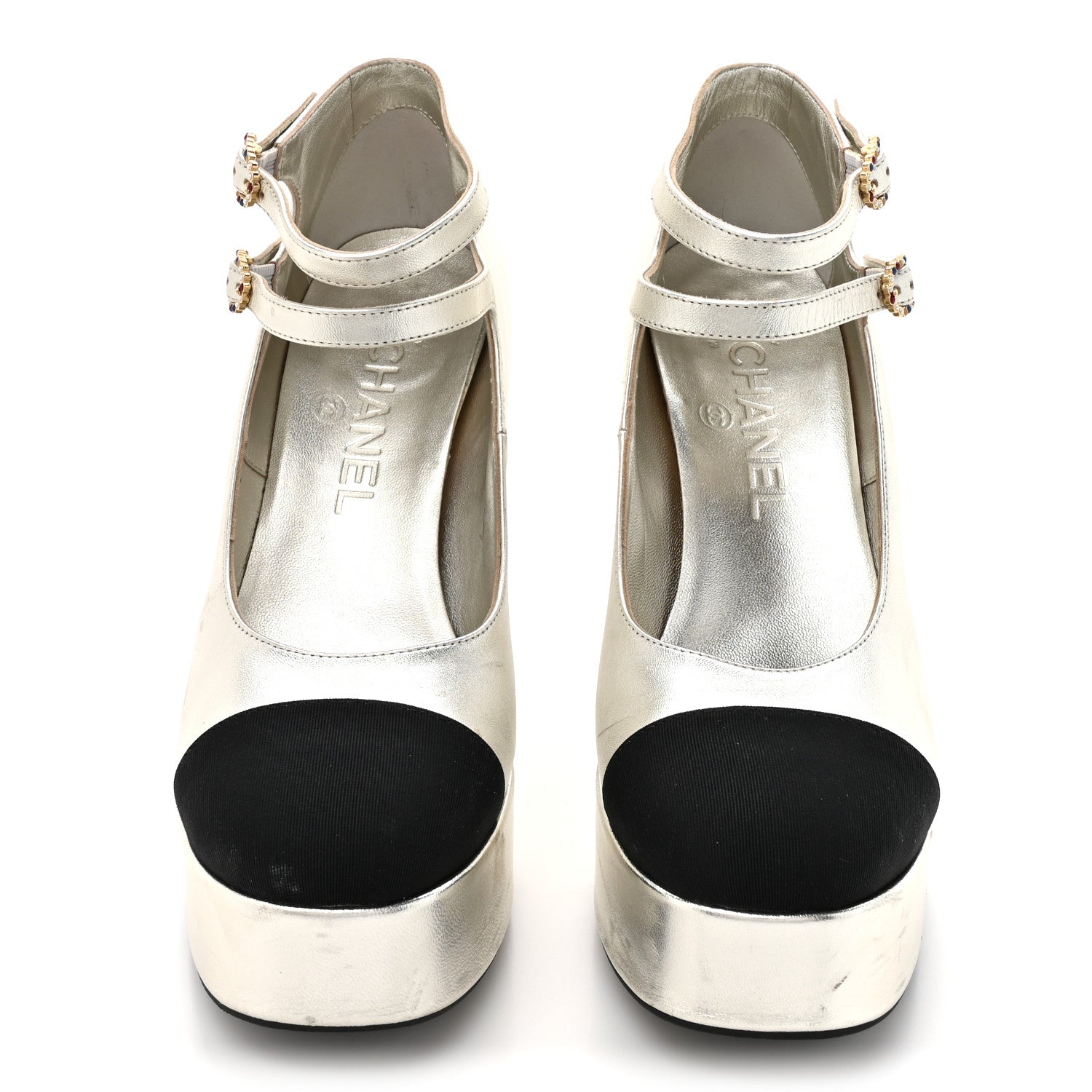 Chanel Laminated Lambskin Grosgrain Cap Toe CC Mary Jane Pumps 36 Silver Black 3 of 13