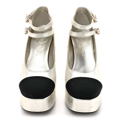Chanel Laminated Lambskin Grosgrain Cap Toe CC Mary Jane Pumps 36 Silver Black 3 of 13