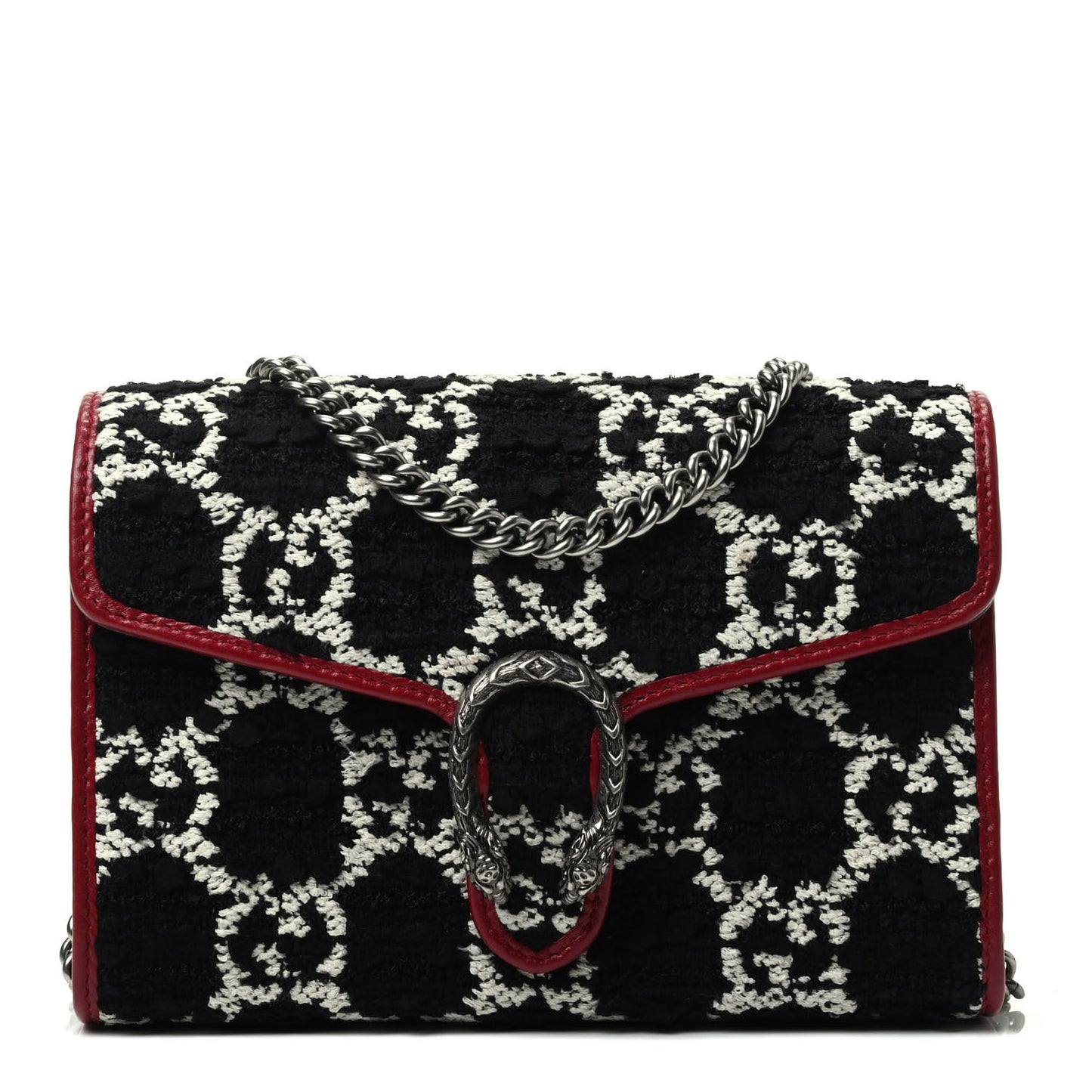 Tweed GG Monogram Mini Dionysus Chain Wallet Black White Romantic Cherry