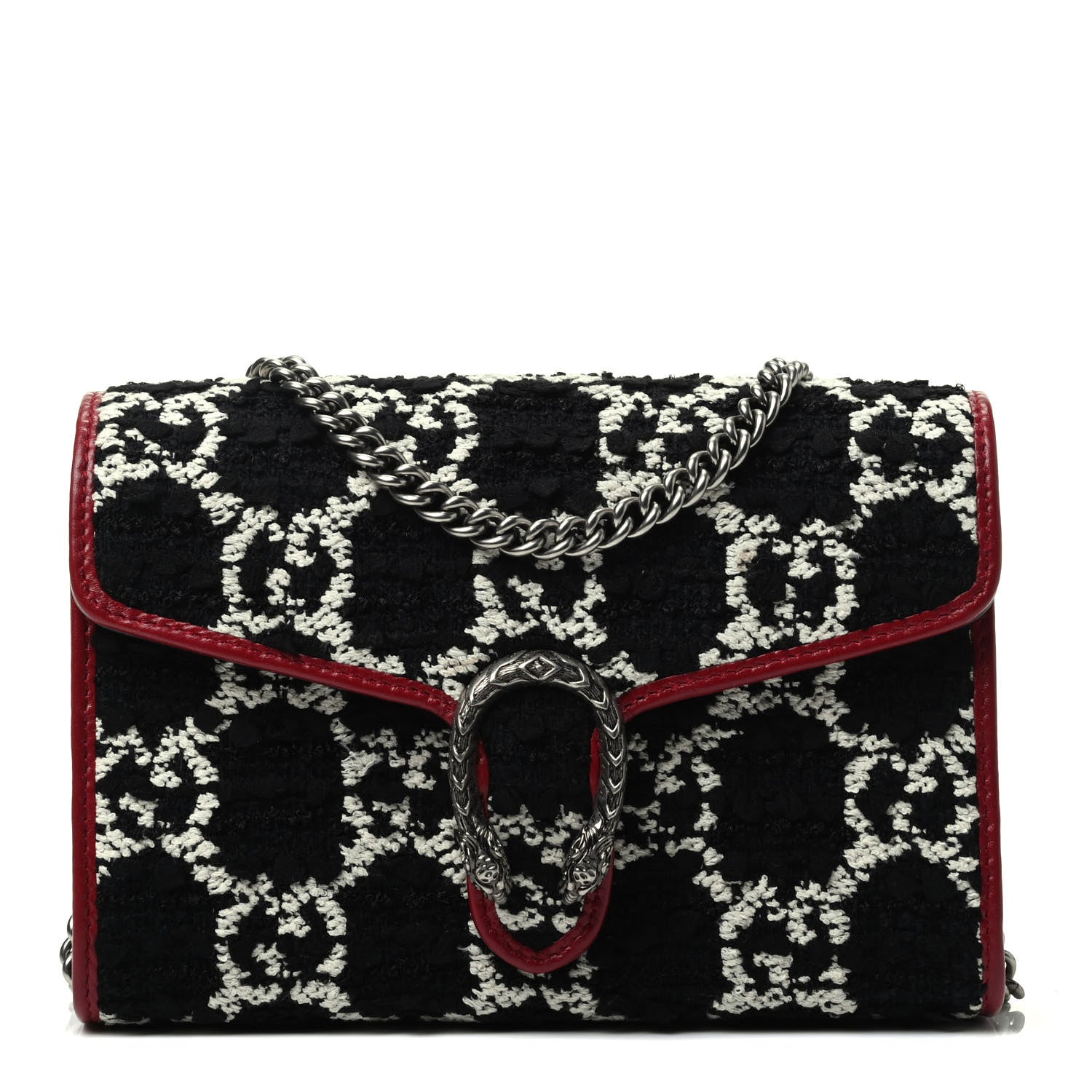 Gucci Tweed GG Monogram Mini Dionysus Chain Wallet Black White Romantic Cherry 1 of 8