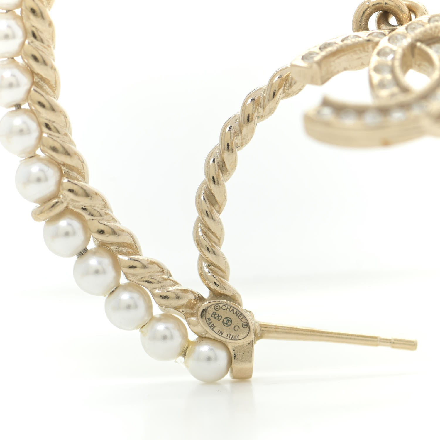 Chanel Crystal Pearl CC Drop Hoop Earrings Gold Pearly White 4 of 5