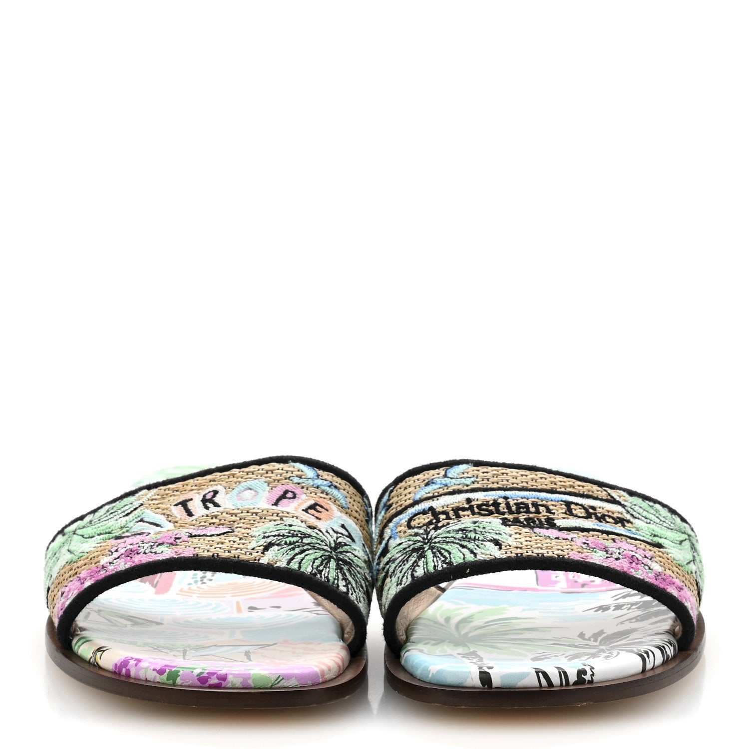 Christian Dior Raffia Embroidered Souvenir Saint Tropez Dway Mules Slide Sandals 38 Natural Multicolor 3 of 9