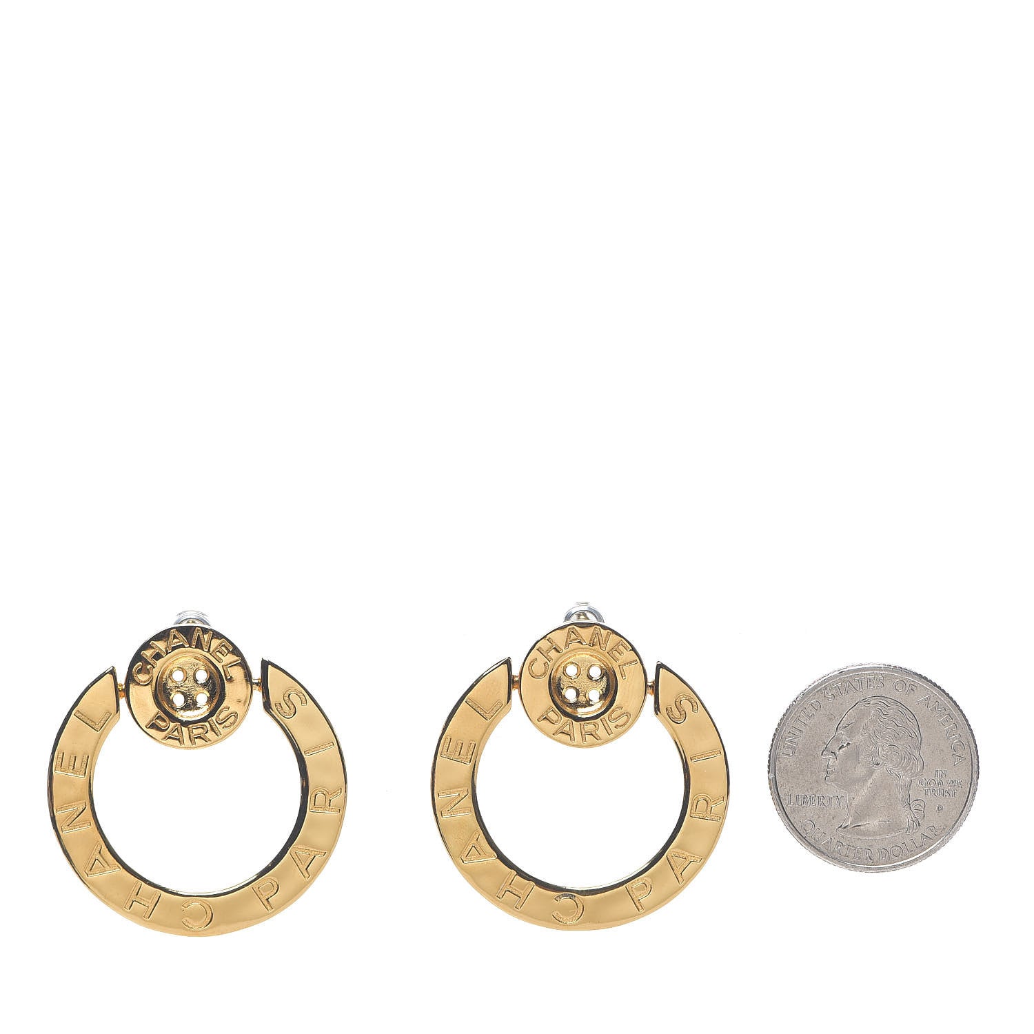 Chanel Metal Paris Button Hoop Earrings Gold 2 of 5