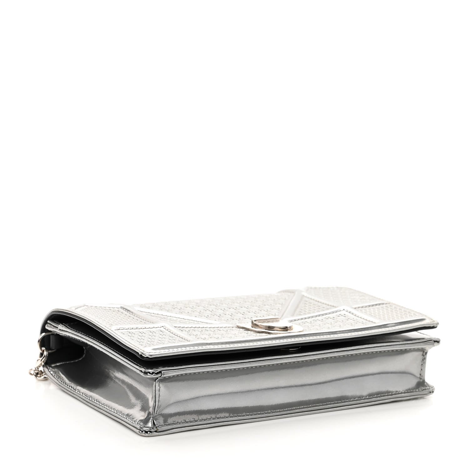 Christian Dior Metallic Patent Micro-Cannage Diorama Wallet on Chain Pouch Silver 4 of 8