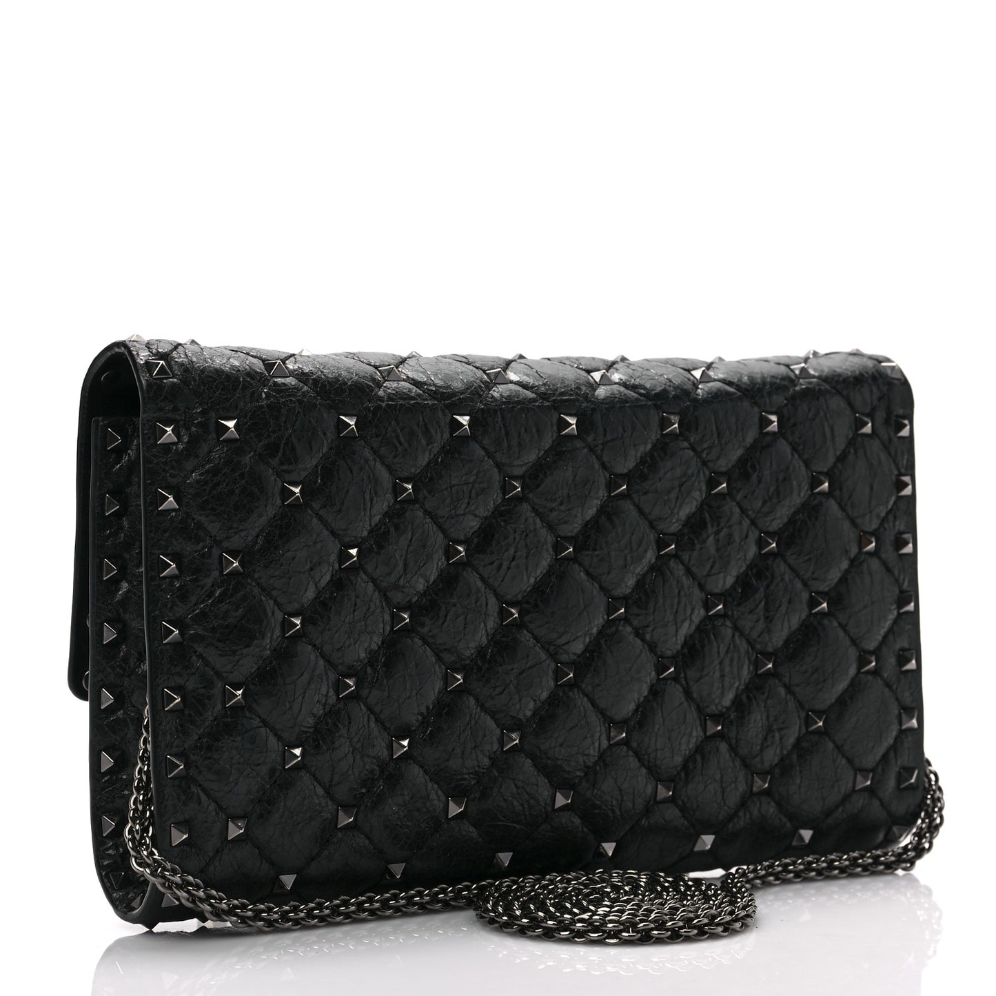 Craquele Nappa Rockstud Spike Wallet on Chain Black