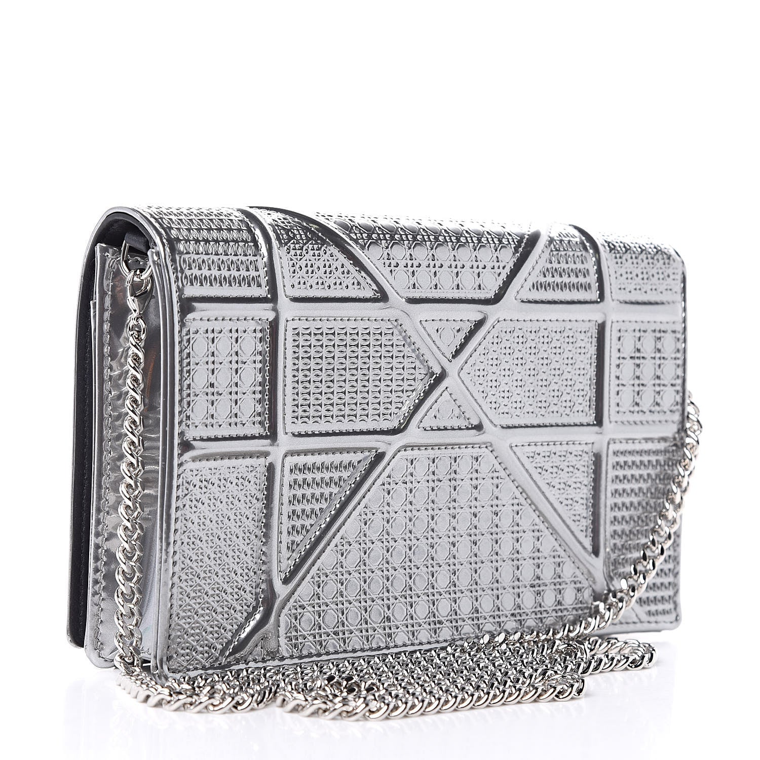 Christian Dior Metallic Patent Micro-Cannage Diorama Wallet on Chain Pouch Silver 3 of 8