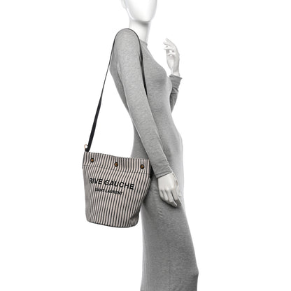 Saint Laurent Linen Calfskin Striped Rive Gauche Bucket Bag Grey Cream Black 2 of 11