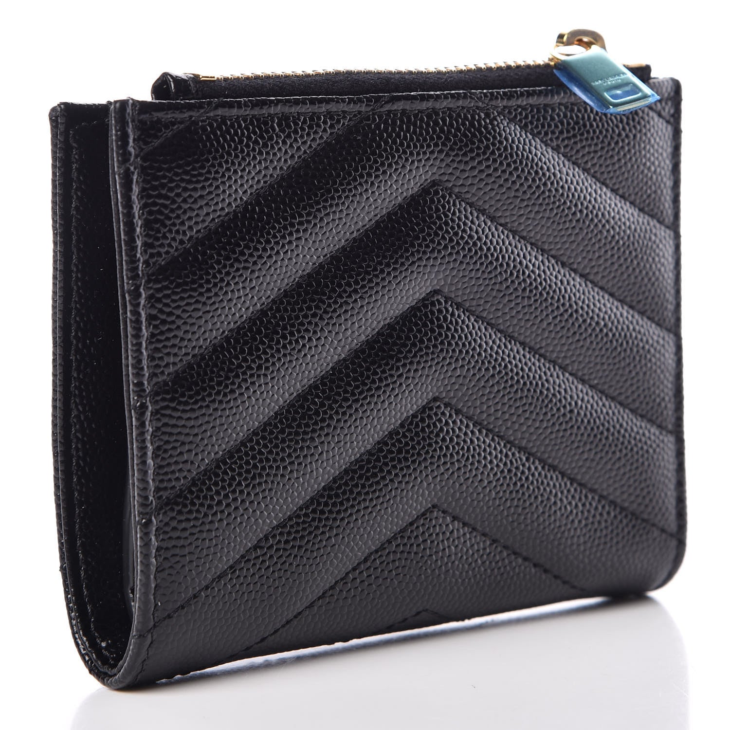 Saint Laurent Grain De Poudre Matelasse Chevron Monogram Zipped Card Case Black 3 of 8