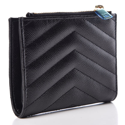Saint Laurent Grain De Poudre Matelasse Chevron Monogram Zipped Card Case Black 3 of 8