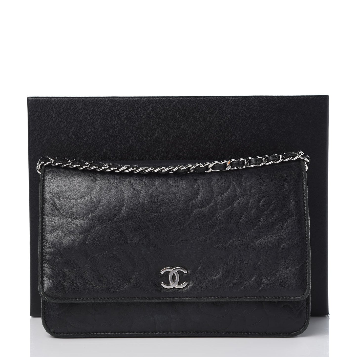 Lambskin Camellia Embossed Wallet On Chain WOC Black