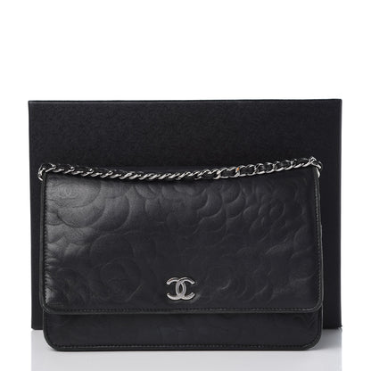 Chanel Lambskin Camellia Embossed Wallet On Chain WOC Black 11 of 11
