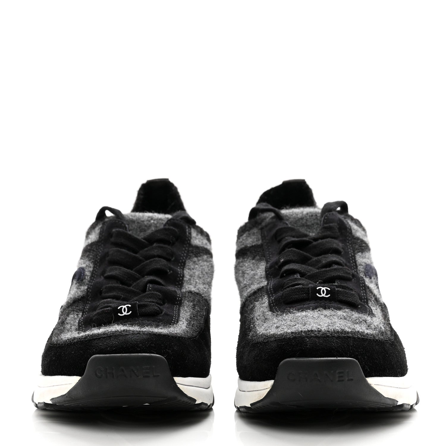 Chanel Fabric Suede Calfskin Womens CC Sneakers 38 Black Grey 2 of 6
