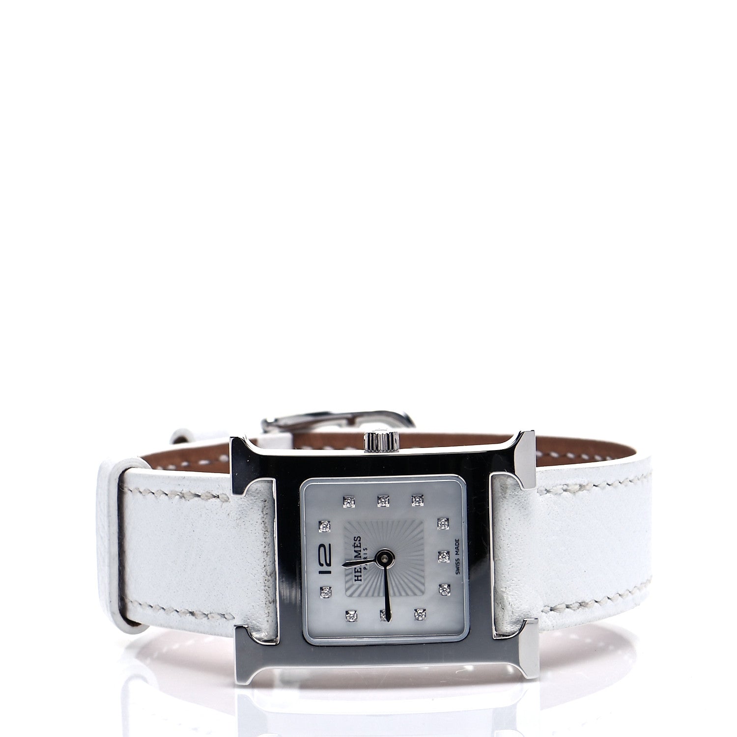 Hermes Stainless Steel Epsom Diamond Mother of Pearl 21mm Heure H Hour Quartz Watch Blanc 2 of 8