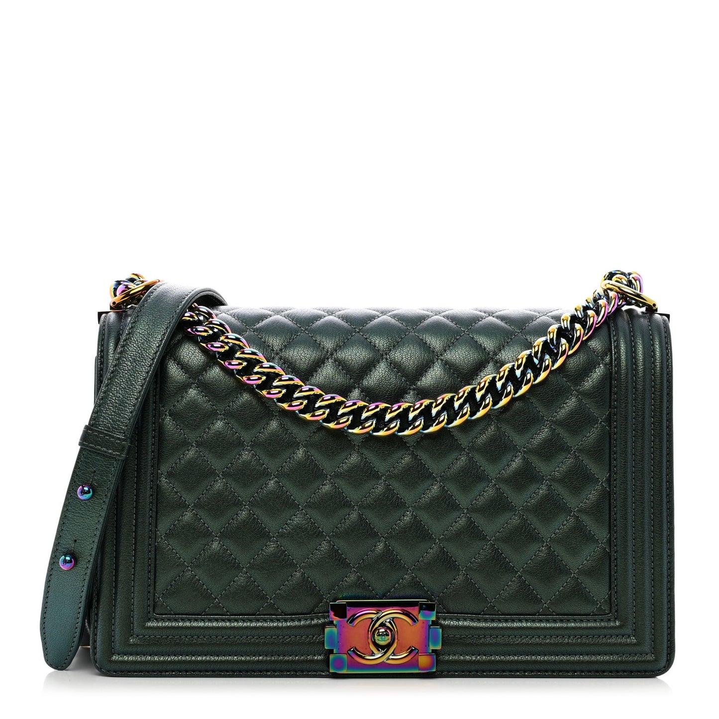 Iridescent Goatskin Quilted New Medium Boy Flap Green