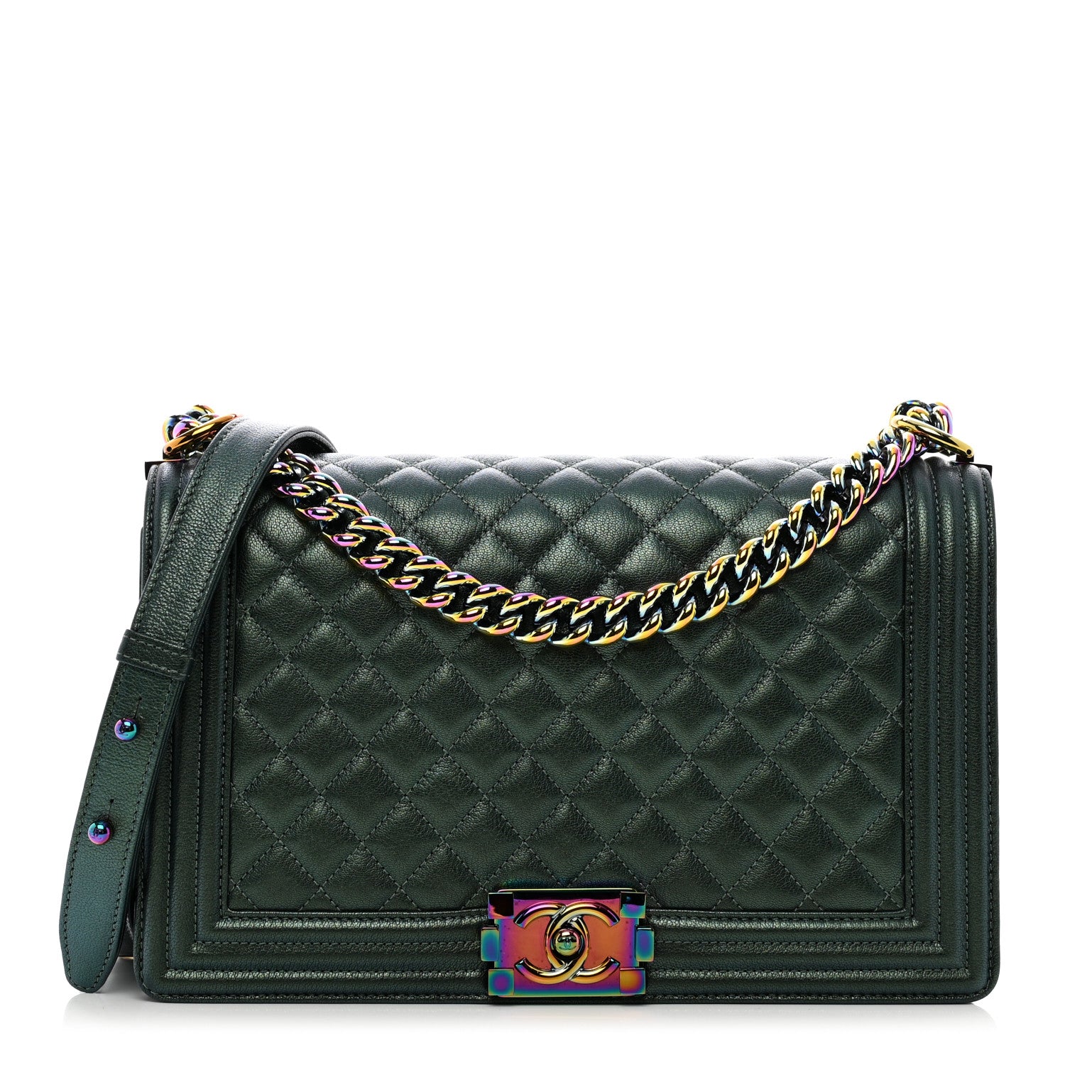 Chanel Iridescent Goatskin Quilted New Medium Boy Flap Green 1 of 10