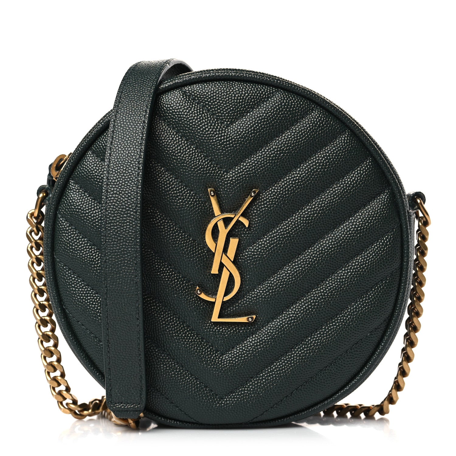 Saint Laurent Grain De Poudre Matelasse Chevron Quilted Round Vinyle Camera Bag New Vert Fonce 1 of 10