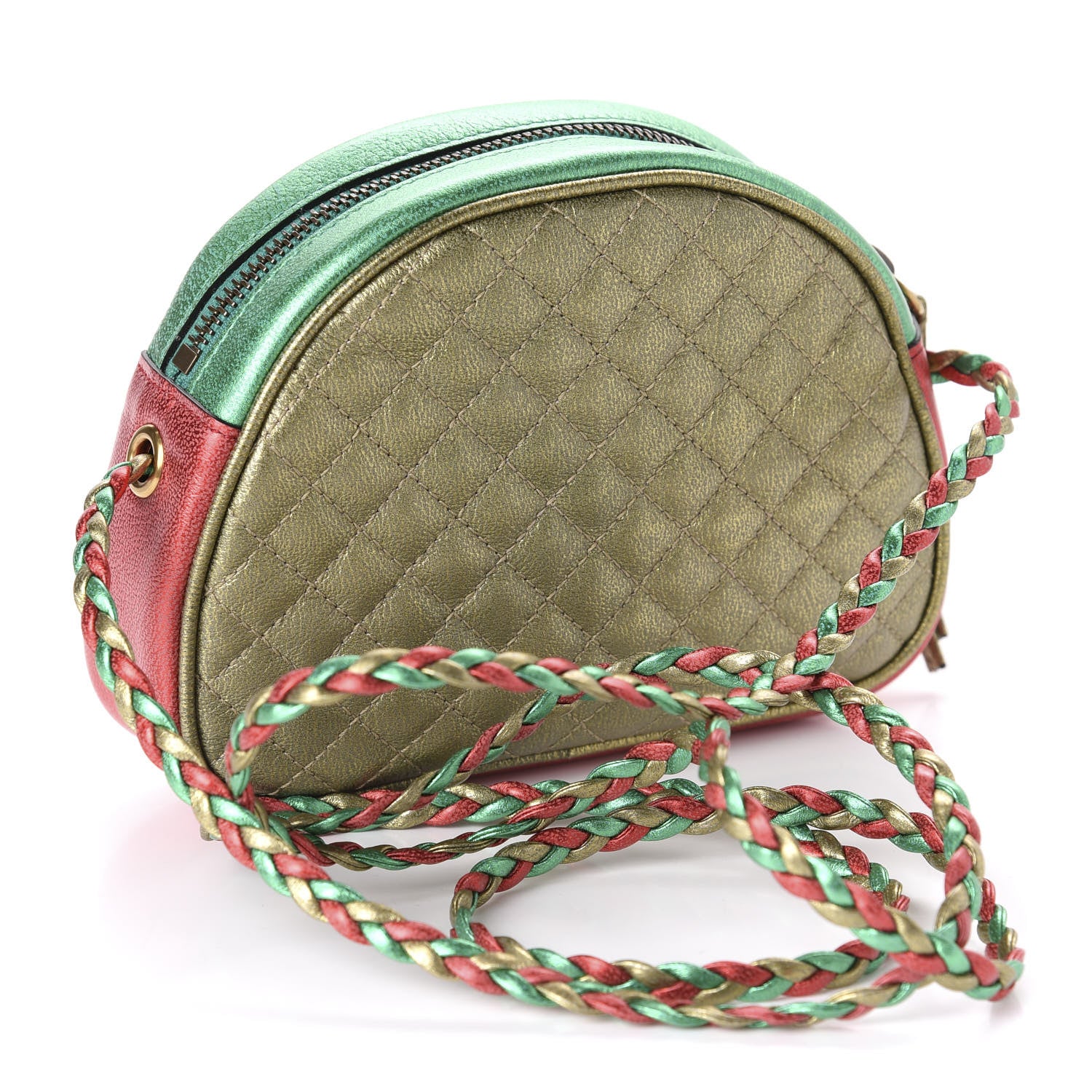 Gucci Laminated Nappa Trapuntata Mini Zumi Dome Shoulder Bag Rosso Jasmine Green Rame 3 of 10