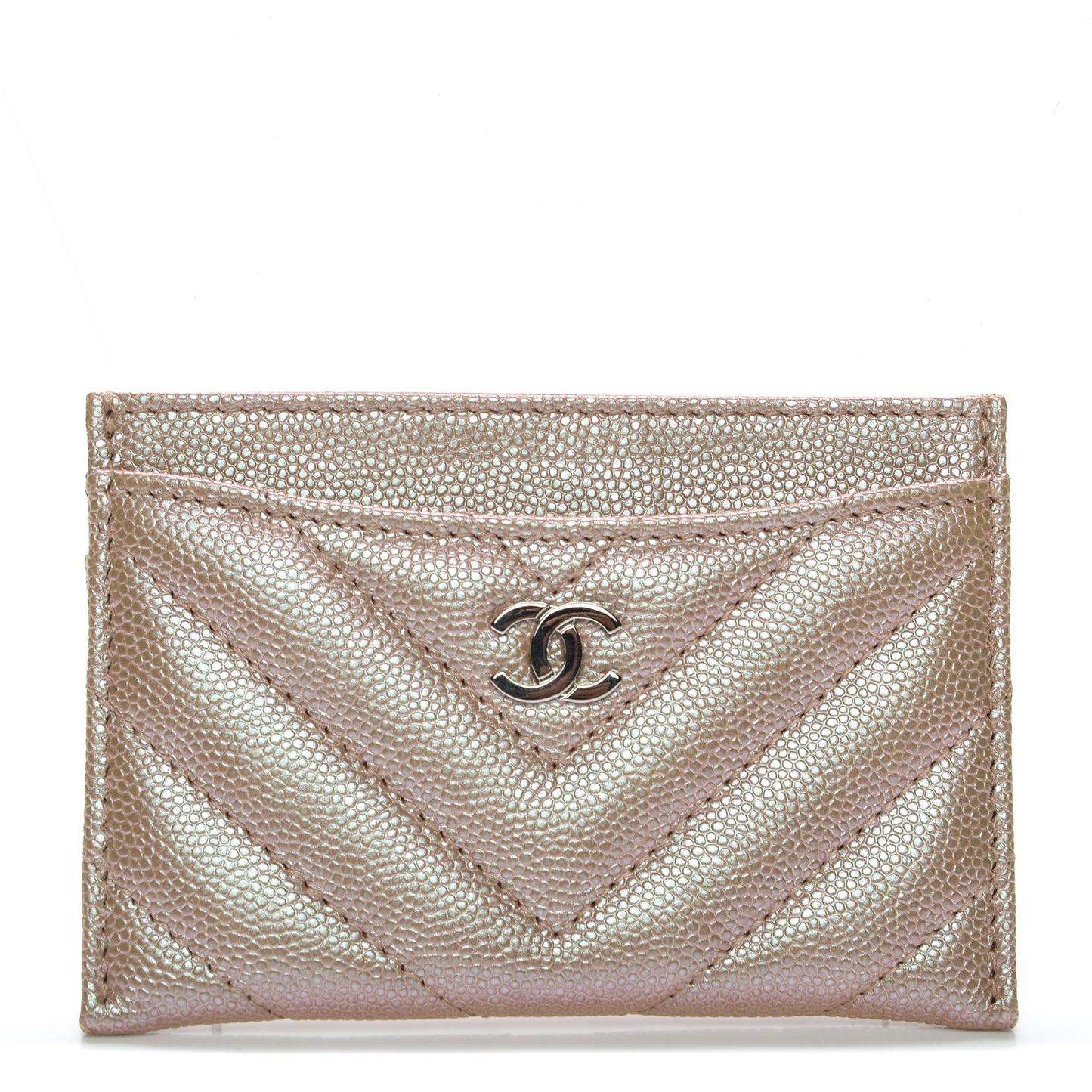 Metallic Caviar Chevron Quilted Card Holder Light Gold