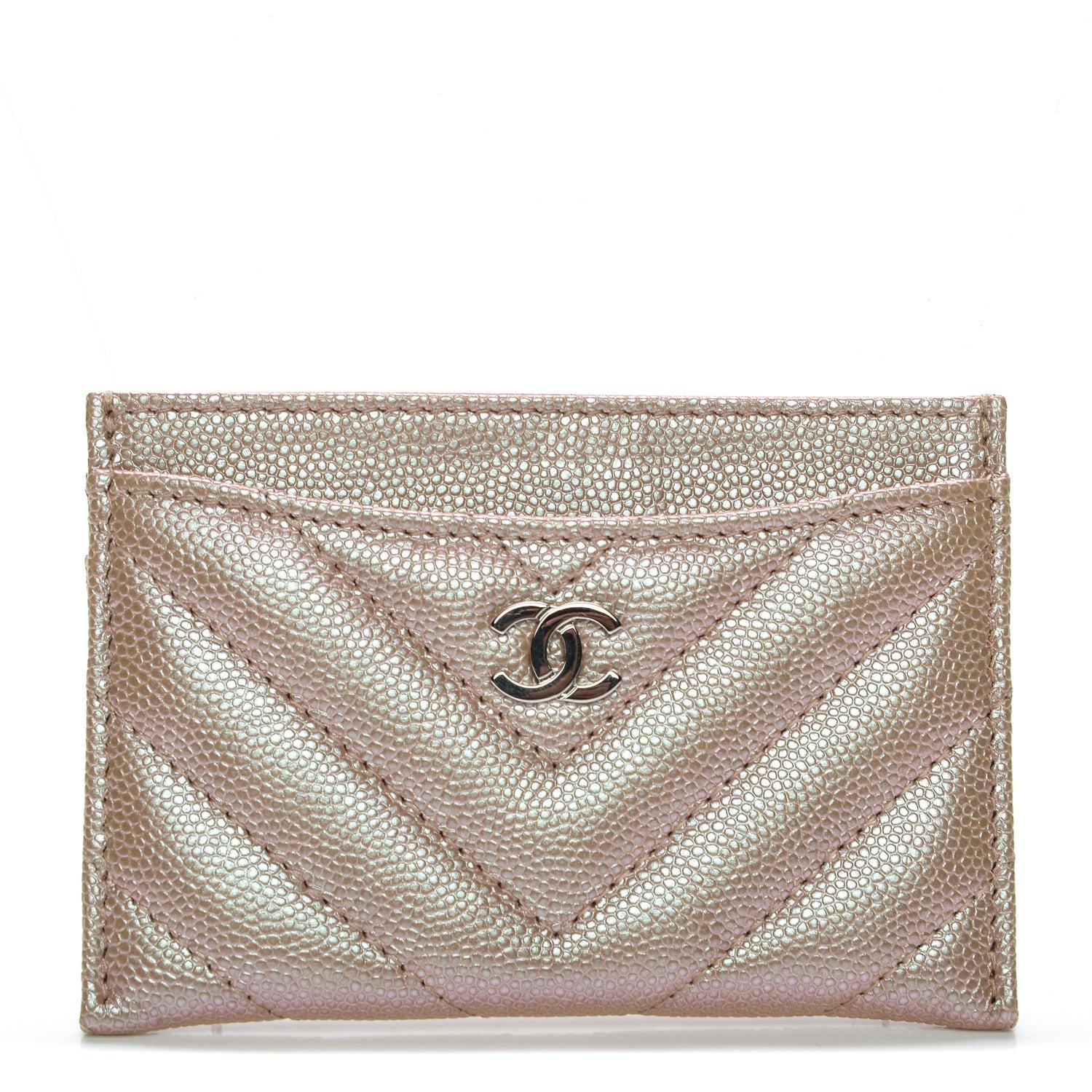 Chanel Metallic Caviar Chevron Quilted Card Holder Light Gold 1 of 6