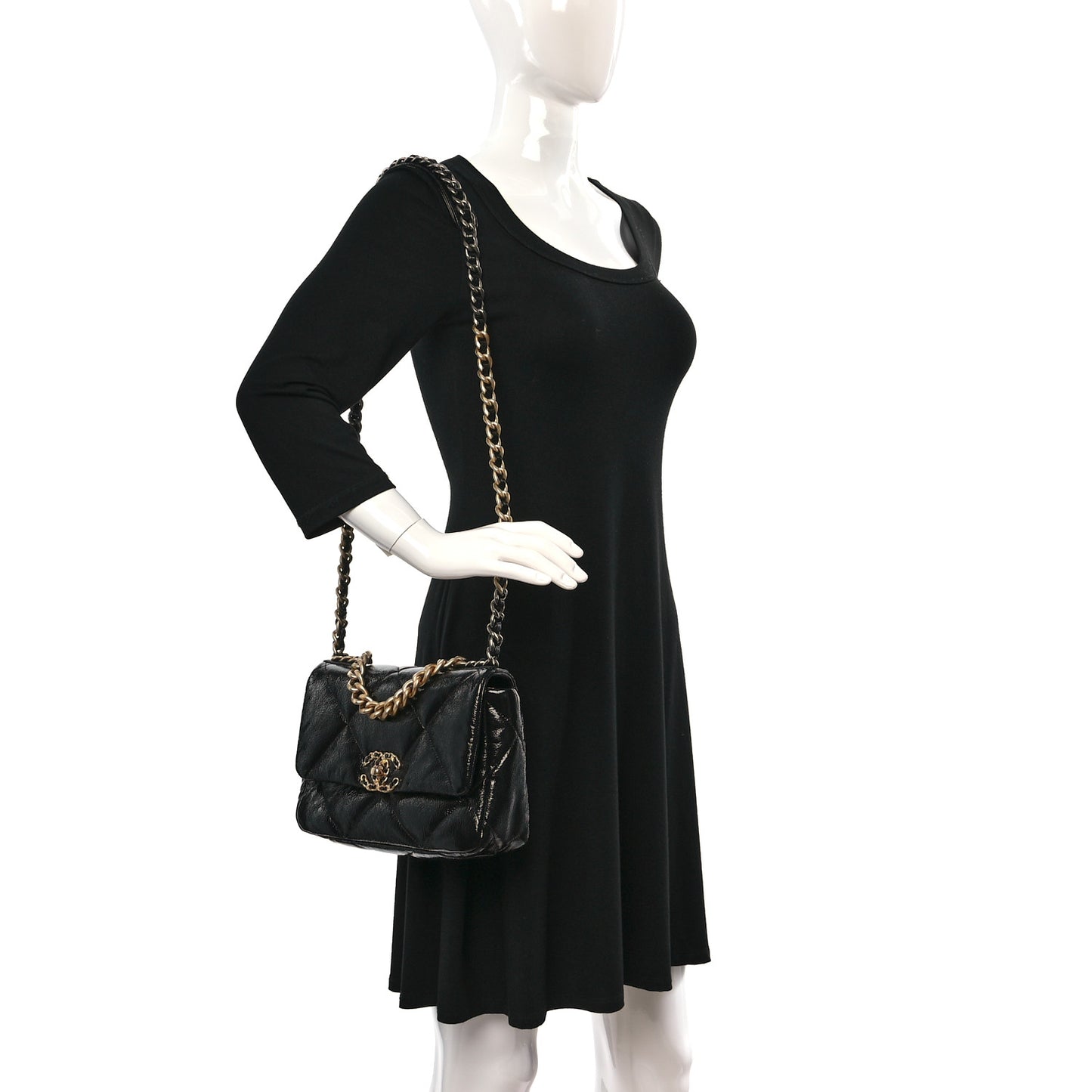 Shiny Crumpled Calfskin Quilted Medium Chanel 19 Flap Black