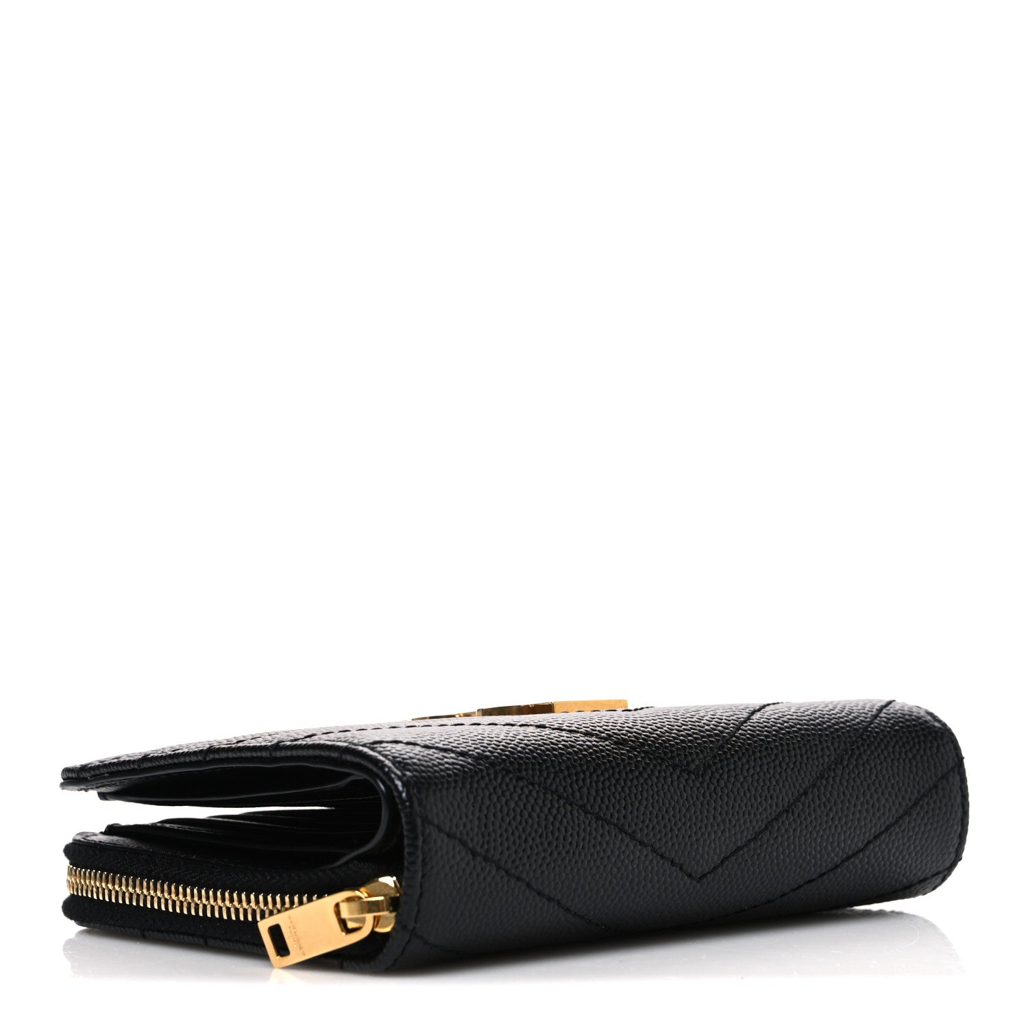 Saint Laurent Grain De Poudre Matelasse Chevron Monogram Compact Zip Around Wallet Black 4 of 8