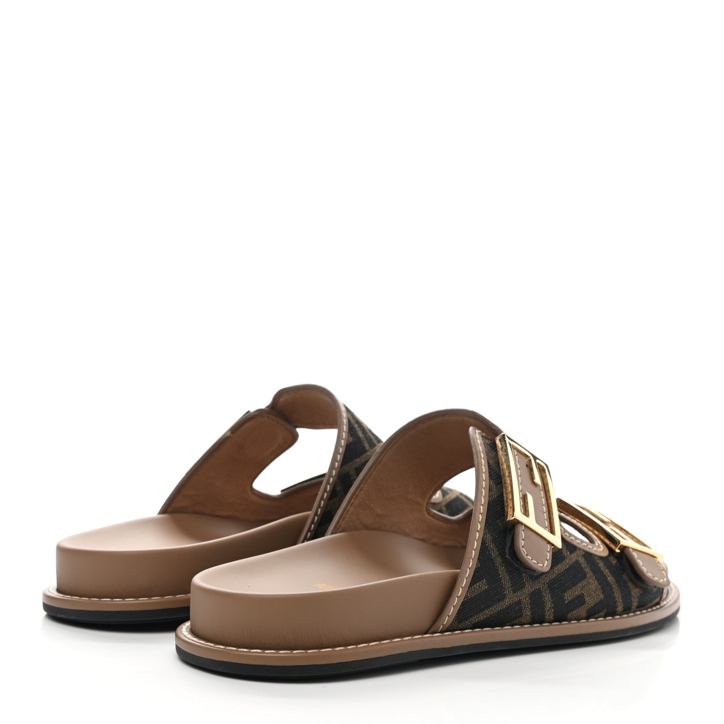 Fabric Jacquard Nappa FF Womens Fendi Feel Buckled Slide Sandals 41 Tobacco Black Miele Scuro