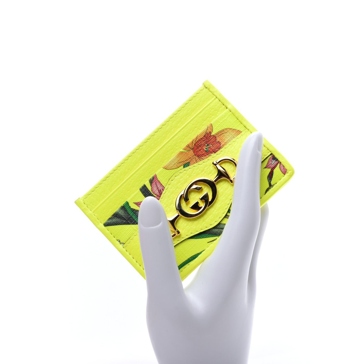 Calfskin Flora Print Zumi Card Holder Yellow Fluo