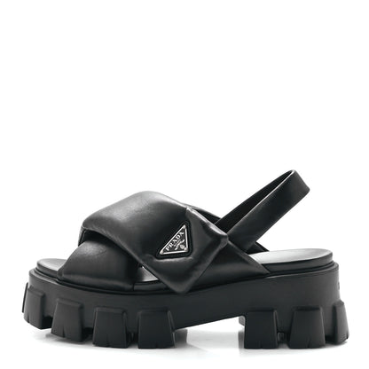 Prada Nappa Soft Metal Triangle Logo Padded Monolith 55mm Slingback Sandals 39 Black 1 of 9