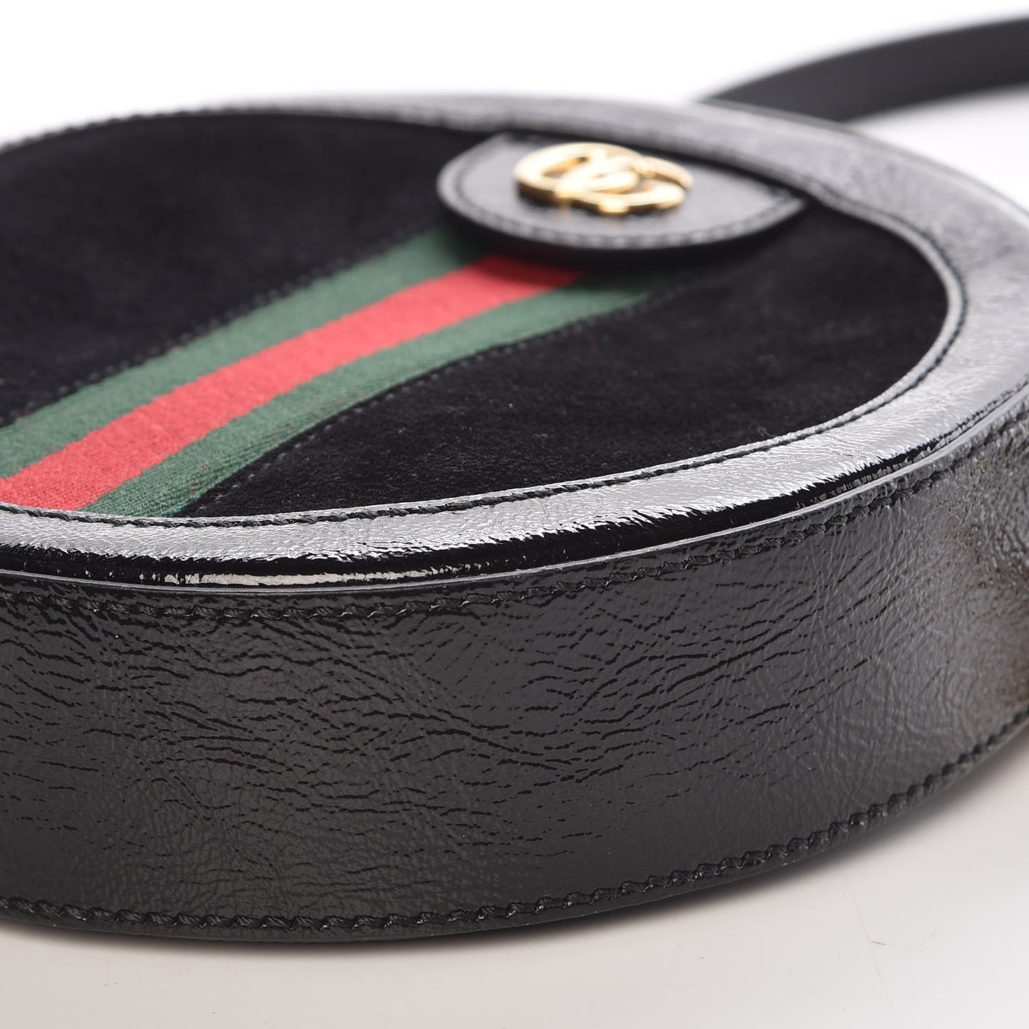 Suede Patent Web Mini Ophidia Round Shoulder Bag Black