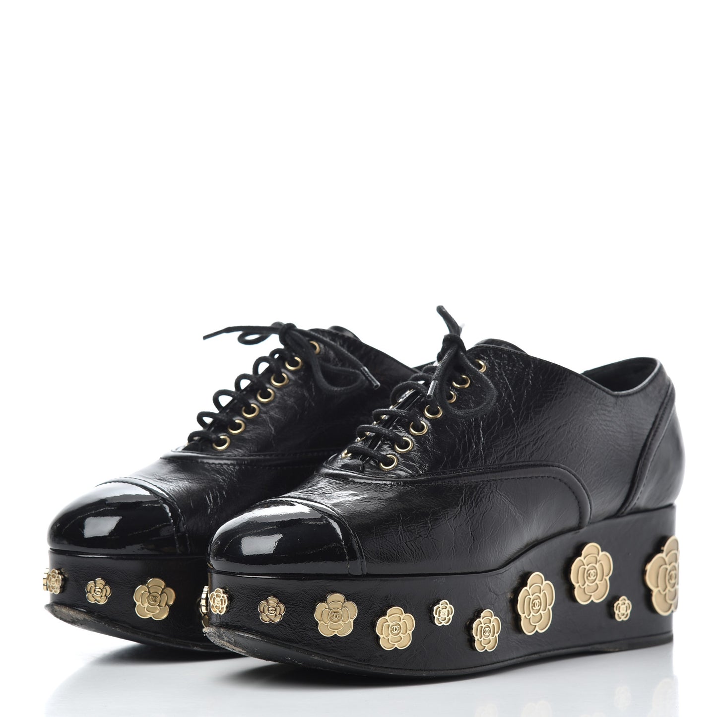 Crumpled Calfskin Lace Up Platform Oxfords 37 Black