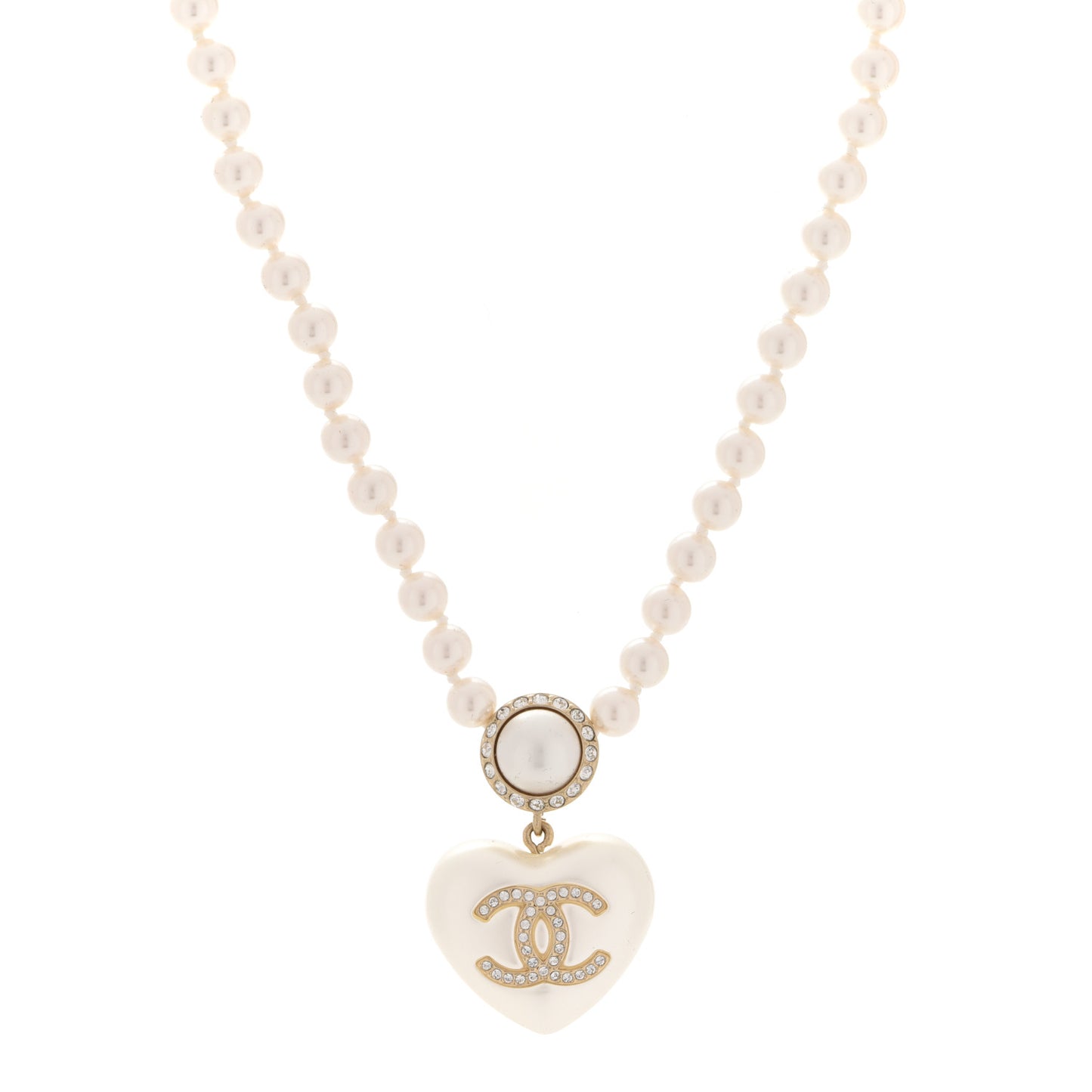 Pearl Crystal CC Heart Short Necklace Pearly White Gold