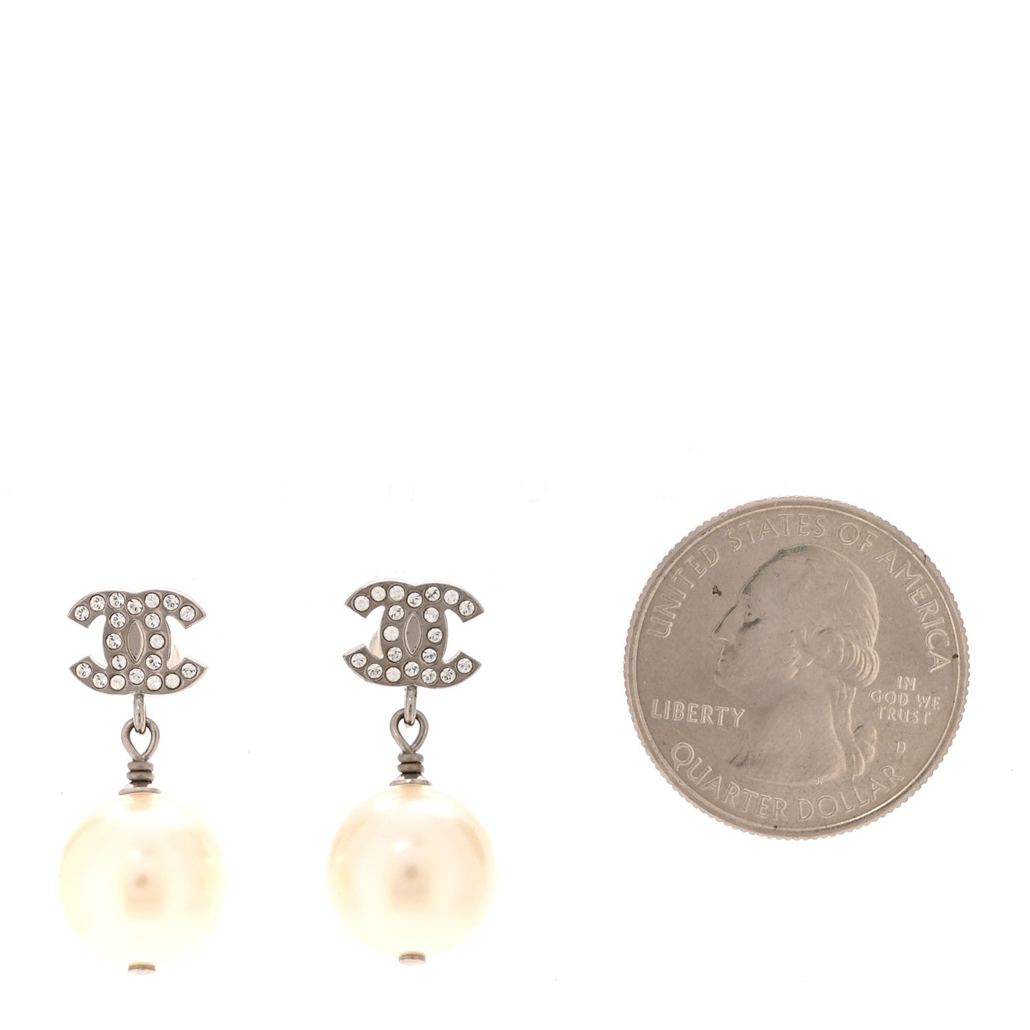 Chanel Crystal Pearl CC Drop Earrings Silver Pearly White 2 of 5