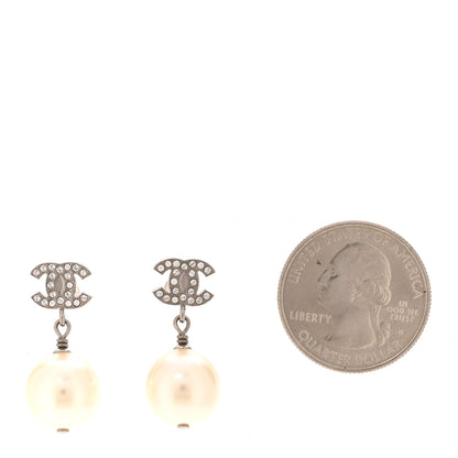 Chanel Crystal Pearl CC Drop Earrings Silver Pearly White 2 of 5