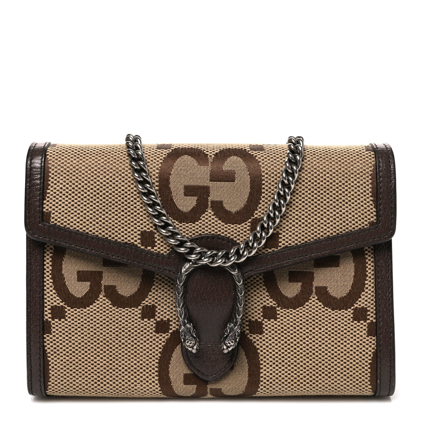 Monogram Jumbo GG Textured Dollar Calfskin Mini Dionysus Chain Wallet Camel Ebony New Acero