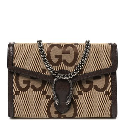 Gucci Monogram Jumbo GG Textured Dollar Calfskin Mini Dionysus Chain Wallet Camel Ebony New Acero 1 of 10