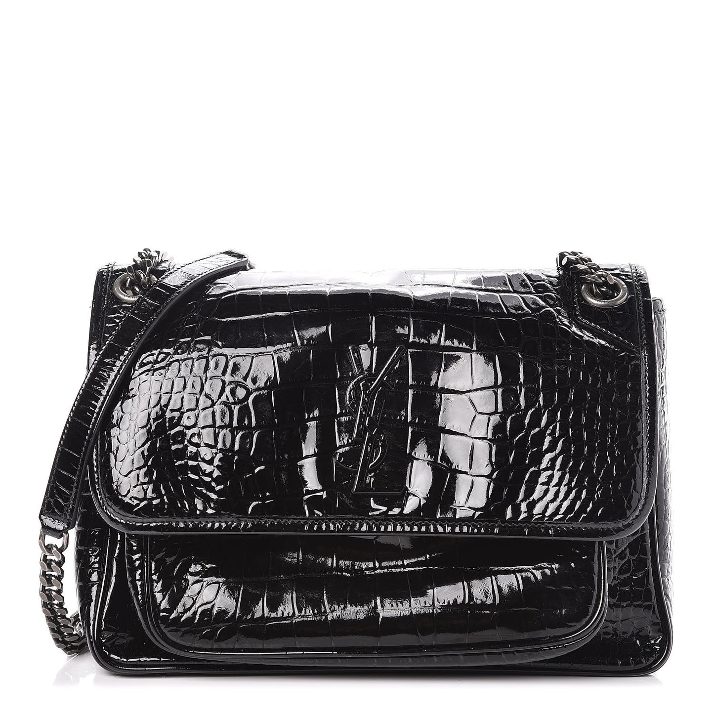 Patent Crocodile Embossed Lambskin Monogram Medium Niki Chain Satchel Black