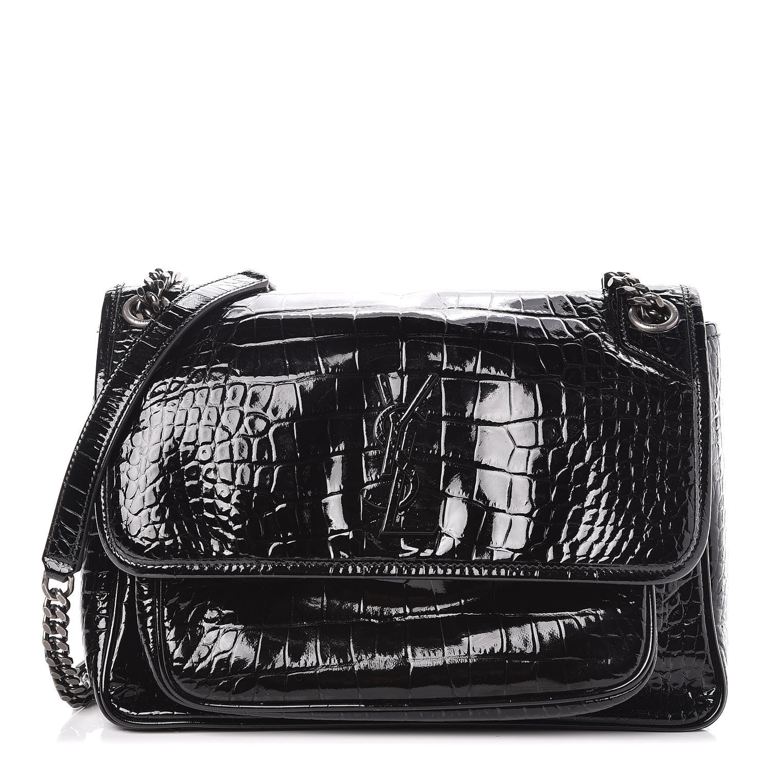 Saint Laurent Patent Crocodile Embossed Lambskin Monogram Medium Niki Chain Satchel Black 1 of 18