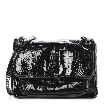 Saint Laurent Patent Crocodile Embossed Lambskin Monogram Medium Niki Chain Satchel Black 1 of 18